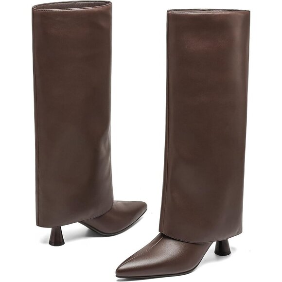 Women's Brown Knee High Fold Over Shark Slouchy Pointed Toe Faux Leather Boots - Picture 4 of 6